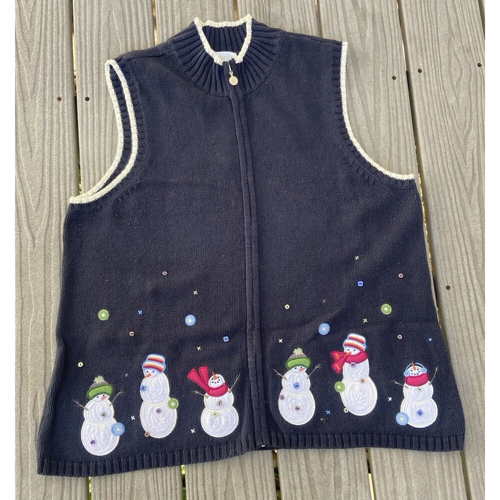 CJ Banks Women’s 1X Plus Navy Blue Snowman Embroidered Zip Sweater Vest Holiday